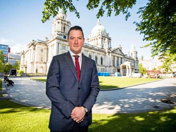Sinn Fein councillor John Finucane outside Belfast City Hall ahead of his formal election as Lord Mayor. Liam McBurney/PA Wire