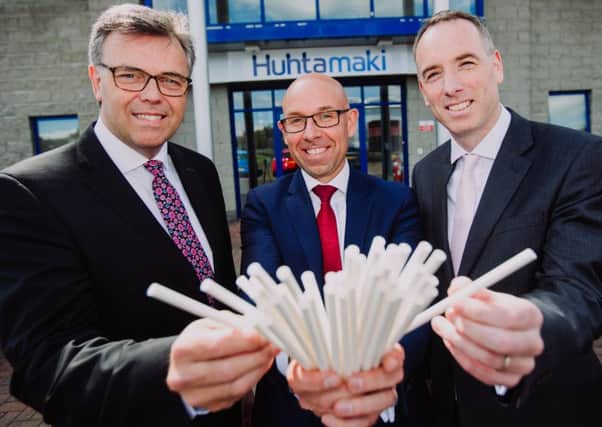 Invest NI CEO Alastair Hamilton, left, with John Park, McDonald's CFO for UK & Ireland and Ciaran Doherty, general manager of Huhtamaki Food Services Belfast pictured at the Official Opening of thefirm's new paper straw facility in Antrim