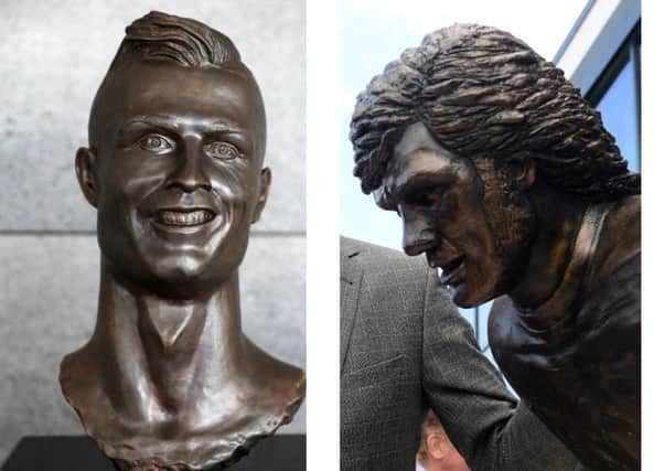 The much-mocked statue of Cristiano Ronaldo at Madeira airport, and the new statue of George Best