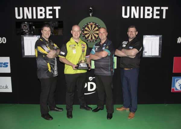 Ahead of the Unibet Premier League Darts Finals are (from left) Daryl Gurney, Michael Van Gerwen, Rob Cross and James Wade