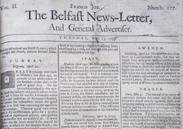 The front page of the Belfast News Letter of May 15 1739 (which is May 26 in the modern calendar)