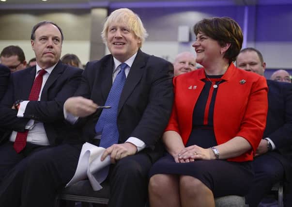 Boris Johnson, arguably the most likely successor to Theresa May, with Nigel Dodds and Arlene Foster at the DUP's conference in 2018