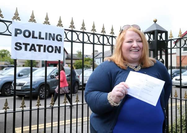Alliance Party leader and EU candidate Naomi Long pictured voting at St. Colmcilles polling station on the Newtownards Road in east Belfast in the European election. Photo: Jonathan Porter / Press Eye.