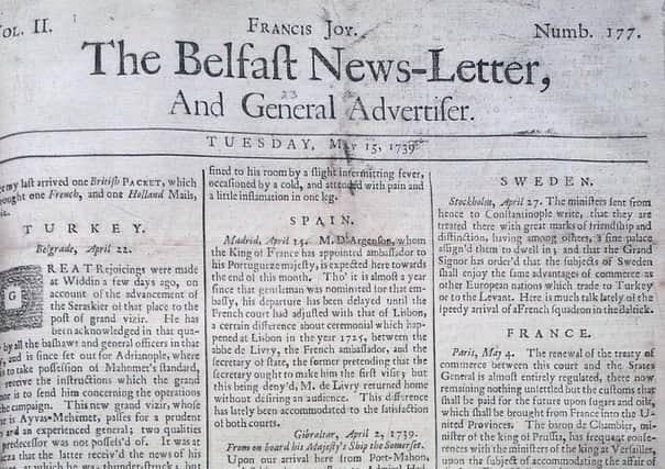 The front page of the Belfast News Letter of May 15 1739 (which is May 26 in the modern calendar)
