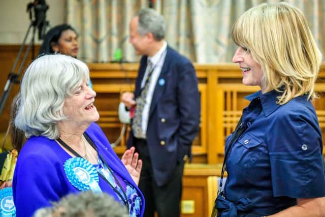 Brexit Party candidate Anne Widdecombe (left), who became an MEP, greets Change UK candidate Rachel Johnson, sister of Boris, during the European Parliamentary elections count at the Civic Centre in Poole. Photo: Ben Birchall/PA Wire