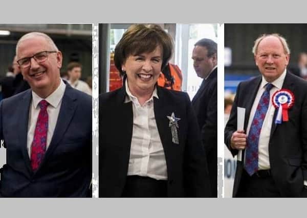 At the MEP count in Magherafelt on Monday May 27 2019, from left, Danny Kennedy, UUP, who polled badly, Diane Dodds, DUP, who polled well, and Jim Allister, TUV, who polled respectably. But the overall unionist vote share was poor