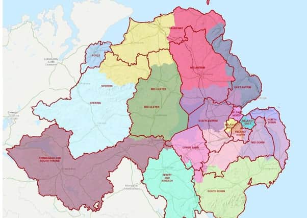 Final boundary revision proposals, published by Boundary Commission NI, 10-09-18. Multicoloured boundaries are current constituencies. Black boundaries are new ones.