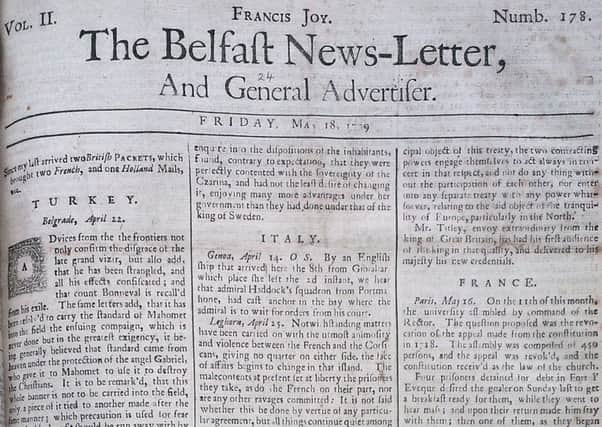 The front page of the Belfast News Letter of May 18 1739 (which is May 29 in the modern calendar)