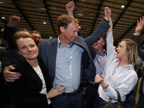 Barry Andrews of Fianna Fail is elected to Dublin constituency of the European Elections at the RDS. Pic: Niall Carson/PA Wire