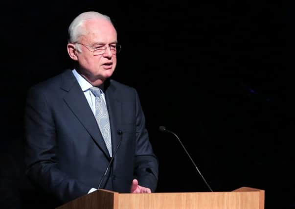Sir Martyn Lewis CBE, chairman of the QAVS Awards Committee, speaking in Newtownabbey, March 2018