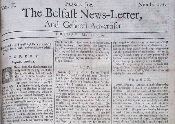 The front page of the Belfast News Letter of May 18 1739 (which is May 29 in the modern calendar)