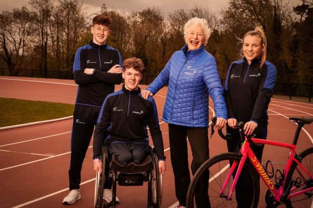 Dame Mary Peters with Power NI athletes and community sporting ambassadors (from left) Ryan Devine, Conn Nagle and Erin McConnell