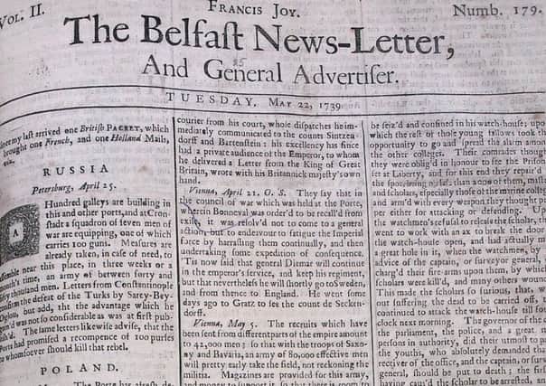 The front page of the Belfast News Letter of May 22 1739 (which is June 2 in the modern calendar)