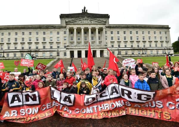 The protest in support of an Irish language act at Stormont was organised by An Dream Dearg and other activist groups