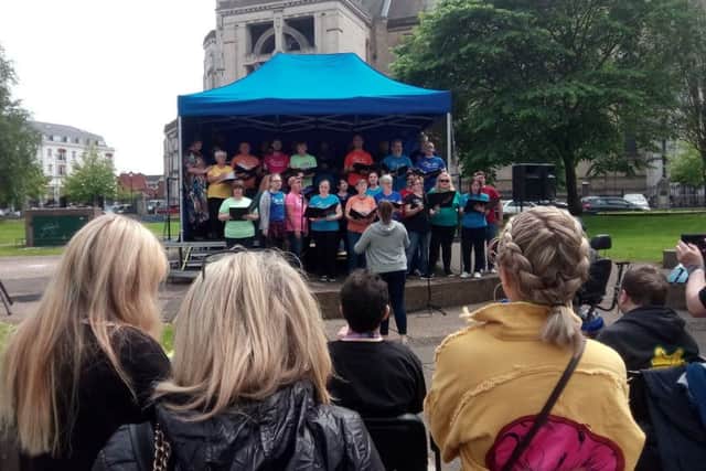 A choir at the Trans Pride NI rally, central Belfast