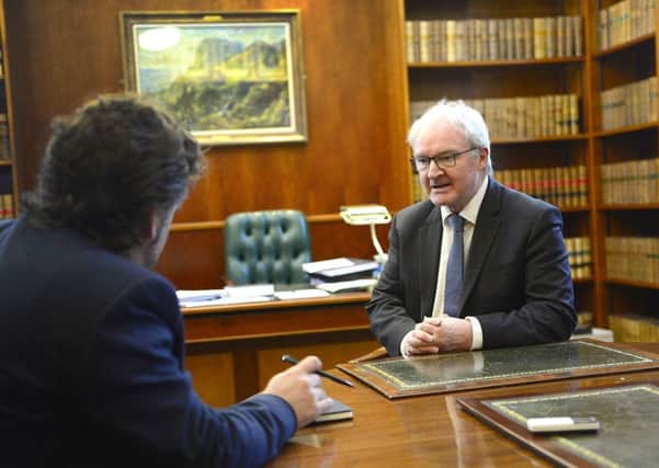 The Lord Chief Justice of Northern Ireland, Sir Declan Morgan, right, pictured at his office in Belfast High Court talking to Ben Lowry.
Picture by Arthur Allison/Pacemaker Press