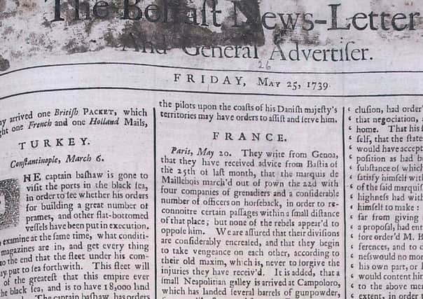 The front page of the Belfast News Letter of May 25 1739 (which is June 5 in the modern calendar)