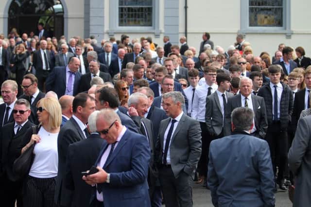 Hundreds of mourners gathered at Hillsborough Presbyterian Church for the funeral of Derek Patterson. Photograph: Pacemaker