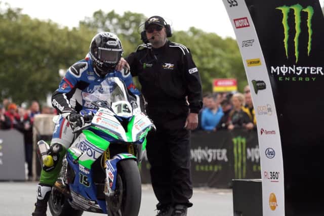 Daley Mathison prepares to leave the line on his Penz13.com BMW at the start of Monday's ill-fated Superbike race at the Isle of Man TT.