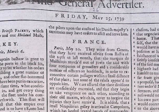 The front page of the Belfast News Letter of May 25 1739 (which is June 5 in the modern calendar)