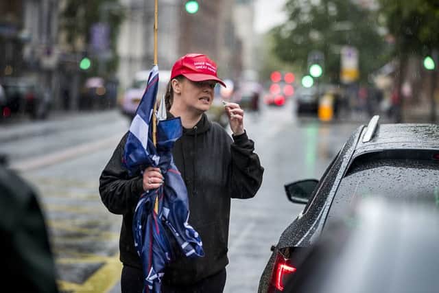 Former Belfast Councillor Jolene Bunting during a corner protest at a  "Stop Trumpism" rally hosted by ExAct: Expat Action Group NI, at Belfast City Hall. PRESS ASSOCIATION Photo. Picture date: Tuesday June 4, 2019. See PA story IRISH Trump Belfast.  Photo credit should read: Liam McBurney/PA Wire