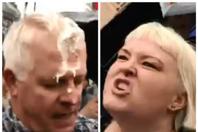 The Donald Trump supporter after being struck on the head with a milkshake and Siobahan Pigent who repeatedly screamed 'Nazi scum' into the man's face. (Photos/Video courtesy of L.B.C./Matthew Thompson)