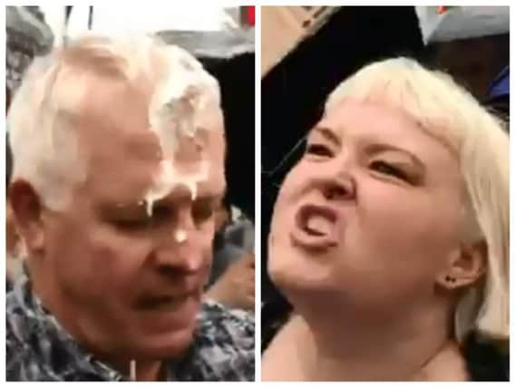 The Donald Trump supporter after being struck on the head with a milkshake and Siobahan Pigent who repeatedly screamed 'Nazi scum' into the man's face. (Photos/Video courtesy of L.B.C./Matthew Thompson)
