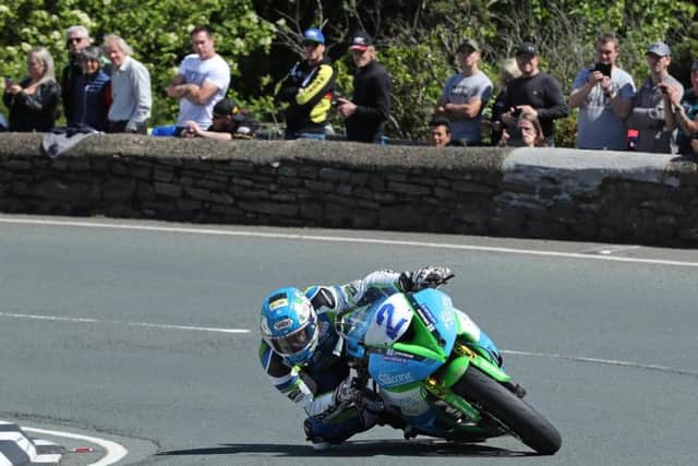 Dean Harrison at the Gooseneck on the Silicone Engineering Kawasaki in the second Monster Energy Supersport race at the Isle of Man TT.