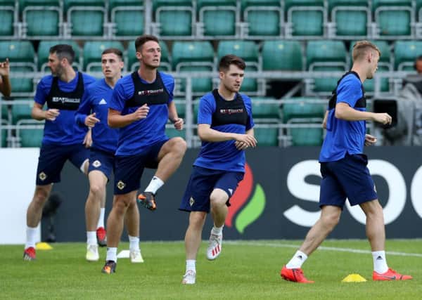 Northern Ireland players during Friday nights training session at the A Le Coq Arena ahead of Saturday nights UEFA EURO 2020 Qualifier in Estonia.