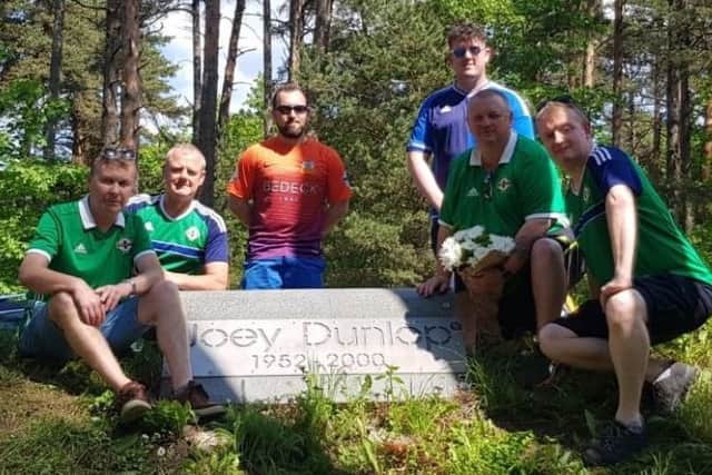 City of Armagh NI supporters at the memorial in Tallinn to road racing legend Joey Dunlop