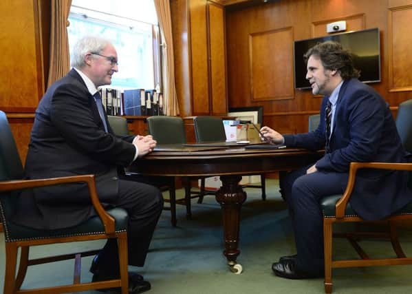 The Lord Chief Justice of Northern Ireland Sir Declan Morgan pictured at his office in Belfast High Court, being interviewed by Ben Lowry. 
Picture by Arthur Allison/Pacemaker Press