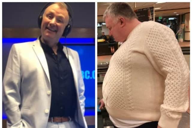A recent photo of Stephen Nolan (left) and a photograph of how he looked seven months. (Photos: StephenNolan via Twitter)