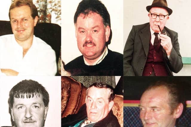 Victims of the 1994 Loughinisland massacre at the Heights Bar.  Top L/R Patsy O'Hare, Adrian Rogan, Barney Green  Bottom L/R Eamonn Byrne, Dan McGreanor, Malcolm Jenkinson. Pacemaker Belfast