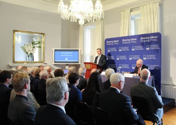 Sir Jeffrey Donaldson MP speaks to the Institute of International and European Affairs in Dublin on Thusday June 13 2019. Pic Lorcan Mullally, IIEA