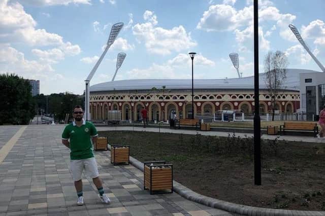 Gareth outside the Dinamo Stadium in Minsk, Belarus