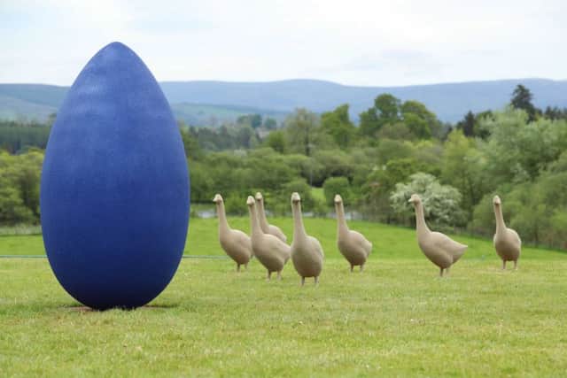 Uovo blu con 7 oche by Peppe Perone - a fibreglass, sand and steel sculpture - will feature at Art in the Garden, in conjunction with Gormleys Fine Art.