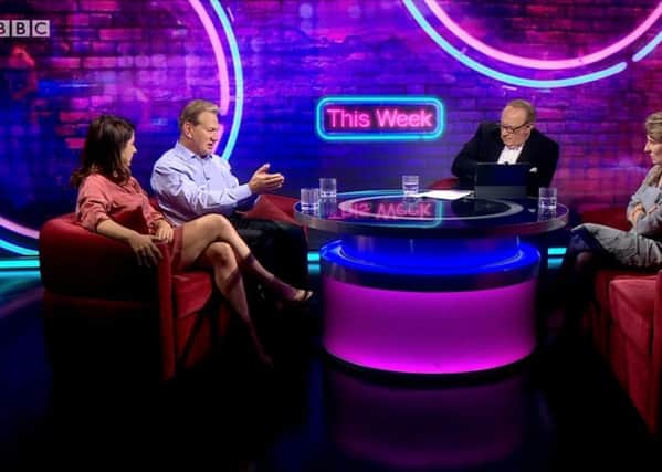 Michael Portillo, second from left, outlines his suggestion for a Northern Ireland referendum on a Northern Ireland-only backstop on the BBC programme This Week, with, from left, Liz Kendall MP, the host Andrew Neill, and the commentator Miranda Green