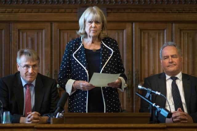 Dame Cheryl Gillan with Charles Walker (left) and Bob Blackman (right) reads out the results of the first ballot in the Tory leadership ballot at the Houses of Parliament in Westminster, London.