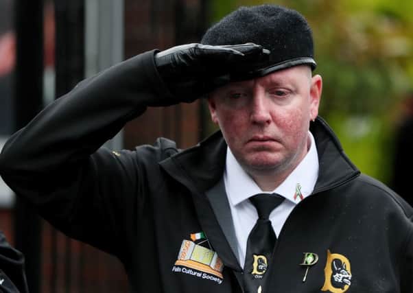Members of 'D Company' at the republican Garden of Remembrance on the Falls Road, Belfast, during the funeral procession of former Provisional IRA leader Billy McKee.