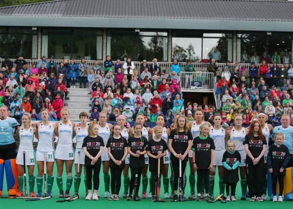 Ireland during the anthem before a game at the FIH Series Finals staged at Banbridge Hockey Club