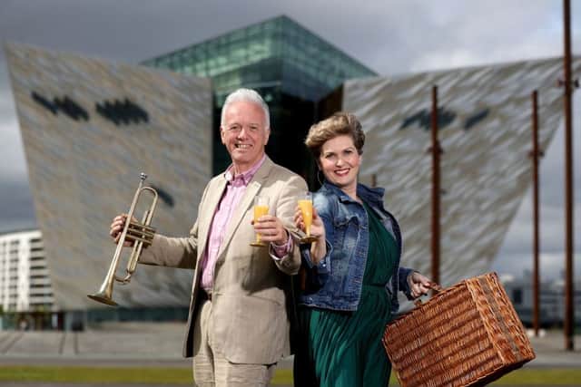 Proms presenters Noel Thompson and Marie-Louise Muir launch this years BBC Proms in the Park at the Titanic Slipways