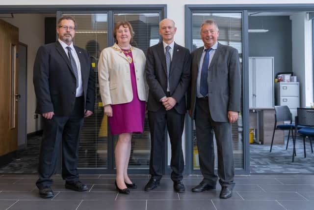 From left to right are: David Sinclair, the Mayor of Mid and East Antrim, Cllr Maureen Morrow, Richard Furey and East Antrim MP Sammy Wilson.