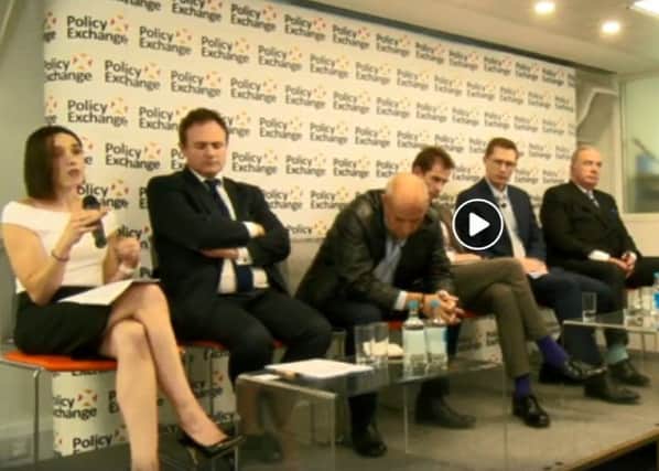 Video grab of the Policy Exchange event on Thursday, with the panel (from left): Julie Marionneau, former commandant of the French air force, Lt Gen Sir Graeme Lamb, author Patrick Hennessey, Prof Richard Ekins, Lord West and Tom Tugendaht MP