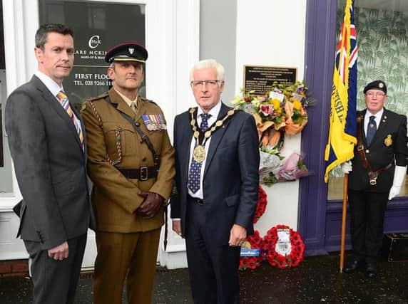 Council chief executive David Burns; Lieutenant Colonel C. M Wood, Commanding Officer of NI Garrison Support Unit; Mayor Alan Givan and RBL representatives were among those who attended the commemoration.