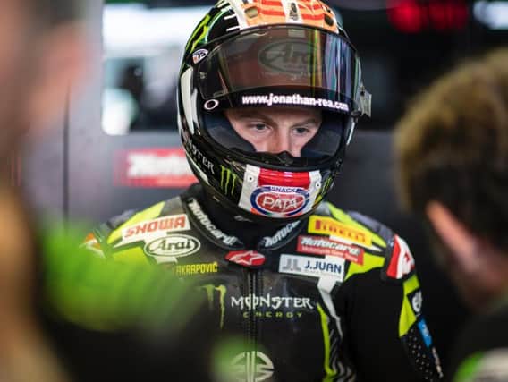 Jonathan Rea suffered a crash in Sunday's Superpole race at Misano before re-joining the race to finish fifth.