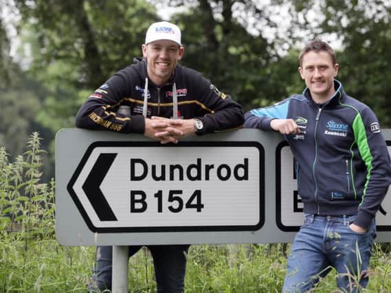 Peter Hickman (left) and Dean Harrison pictured on the Dundrod course on Monday  as the pair flew into Northern Ireland to launch the 2019 Ulster Grand Prix.