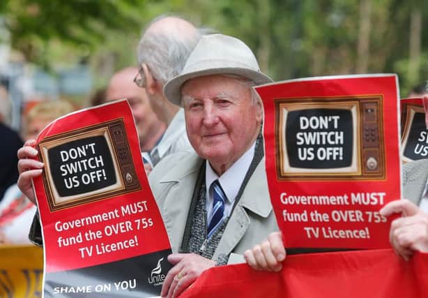 Pensioners hold a protest at BBC Broadcasting house on Ormeau Avenue in Belfast City Centre after the decision to take away the free TV license for people over 75-years-old