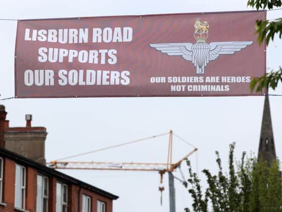 One of the banners carrying the Parachute Regiment insignia was erected across the Lisburn Road in south Belfast. Pic: Press Eye