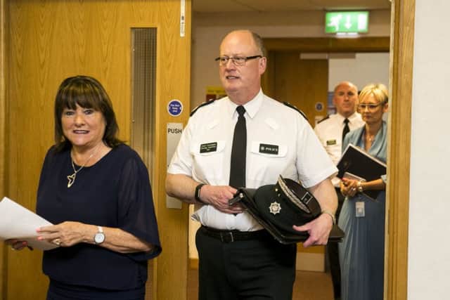 Anne Connolly, Board Chair of the Northern Ireland Policing Board with outgoing PSNI Chief Constable Sir George Hamilton before a meeting of the Policing Board in Belfast