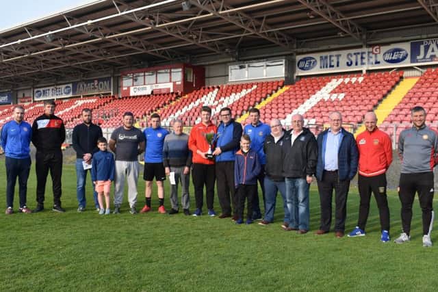 Celebrating the launch of this year's George Richardson Memorial Cup at Shamrock Park involving Portadown, Annagh United, Dollingstown, Hanover, Tandragee Rovers, Seagoe, Laurelvale and Richhill AFC.